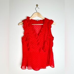 Maison d’Amélie Red Sheer Polka Dot Deep V Neck Ruffled Blouse Sz M